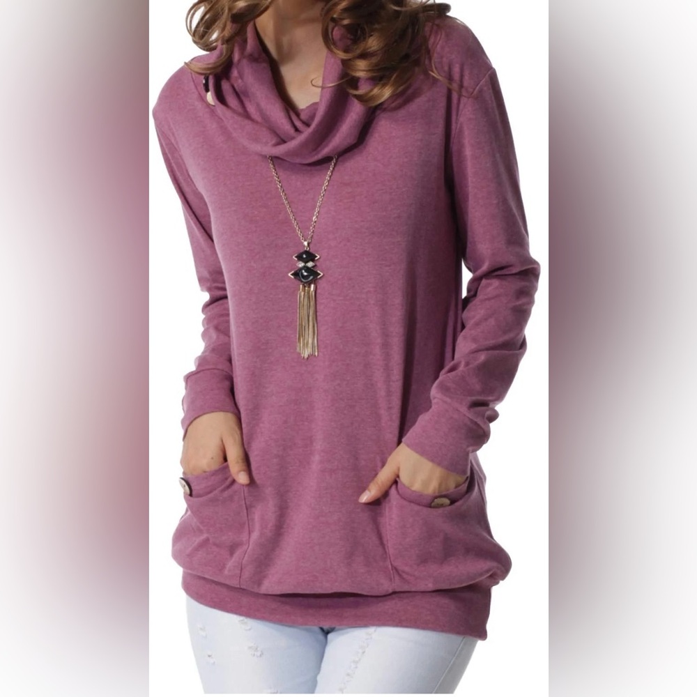 levaca Women's Long Sleeve Button Cowl Neck Casual Slim PurpleTunic size XL